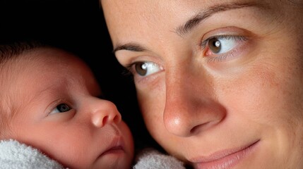Mother And Newborn Baby Covered In Glitter With Dark Backdrop Showing Love
