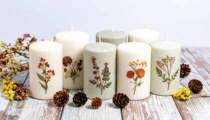 Handcrafted botanical candles decorated with pressed flowers and pinecones evoke a sense of natural home décor, wellness, and autumn or winter ambiance