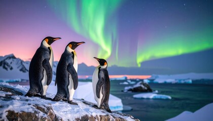 Emperor penguins on a snowy cliff with northern lights in the background illustrating polar wildlife, climate themes, and arctic wonder