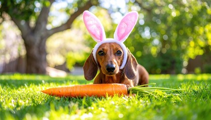 A dachshund dog wearing bunny ears with a carrot in the grass, representing playful pet photoshoots and springtime Easter holiday vibes