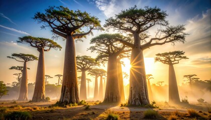 Baobab trees at sunrise with golden light and mist, capturing the essence of Madagascar or African savanna landscapes in a magical dawn setting
