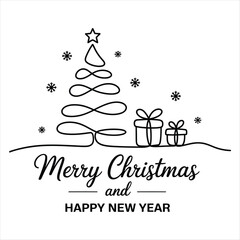 Black Line Art Christmas Tree Gifts and Merry Christmas Text