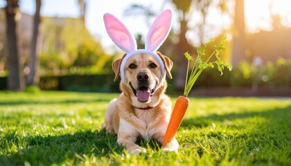 A cheerful dog wearing bunny ears holding a carrot in a sunny park, ideal for Easter holiday themes or lighthearted springtime campaigns