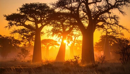 Silhouetted baobab trees at sunset glowing with rich orange hues, symbolizing serenity and nature’s beauty in African-inspired or exotic visual themes