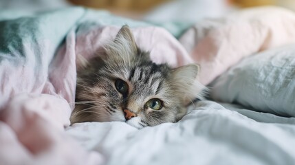 Fluffy tabby cat peeking out from under a blanket in bed
