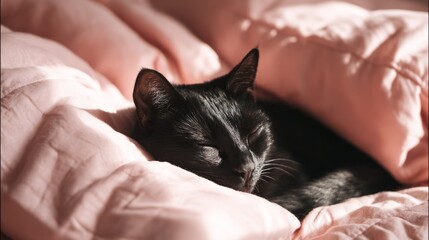 Black cat sleeping peacefully on a pink comforter in the sunlight