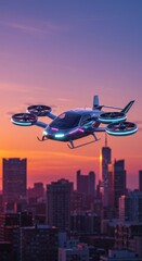 Futuristic Drone Flying Over City Skyline at Sunset with Neon Lights