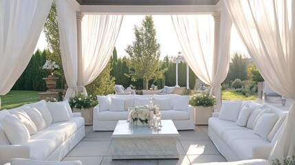 Obraz premium A sophisticated patio featuring white sofas, a marble coffee table, and sheer curtains hanging from a pergola