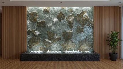 Modern indoor waterfall feature with natural stone and wood paneling