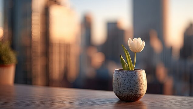 A single white tulip in a small pot, atop a wooden table, against a backdrop of a city skyline at sunset