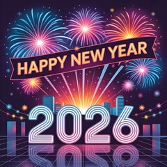 Vibrant New Year Celebration with Fireworks, Cityscape, and 2026