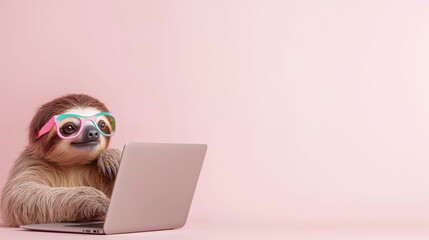 Cute sloth wearing glasses typing on laptop computer against pink background. Funny animal character working on technology creating humorous office concept for remote work