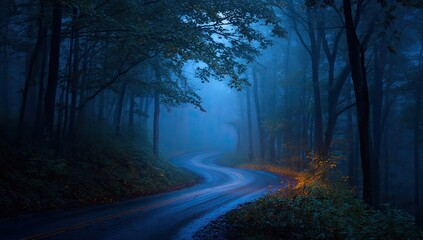 Obraz premium Winding road through a misty, twilight forest