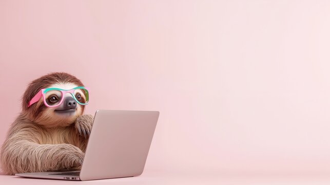 Cute sloth wearing glasses typing on laptop computer against pink background. Funny animal character working on technology creating humorous office concept for remote work