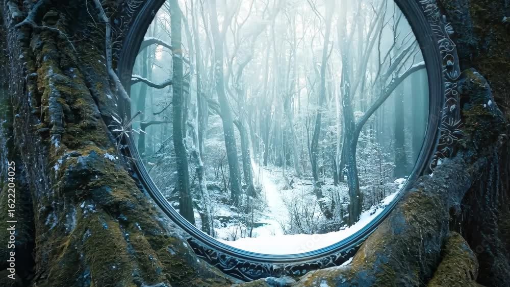 Poster an enchanting mirror nestled among ancient trees reflects a serene forest path, creating a captivati