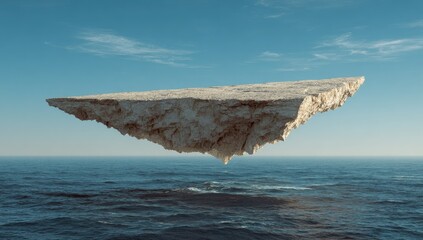 Beige, triangular, floating island above a calm sea