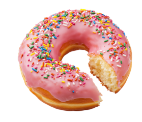 Delicious pink frosted donut with colorful sprinkles and a bite taken out transparent background