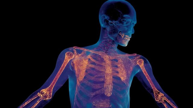 Patient silhouette highlighting affected joints with overlay of pigment deposits demonstrating symptomatic ochronosis from alkaptonuria.