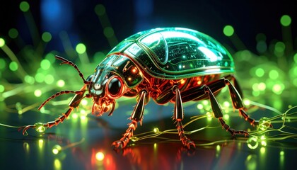 Cybernetic Beetle with Digital Bug, Technology, Circuitry, and Closeup.