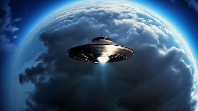 A captivating futuristic UFO hovers above a mesmerizing cloud formation in an imaginative sky, evoking themes of technology, exploration, and mystery.