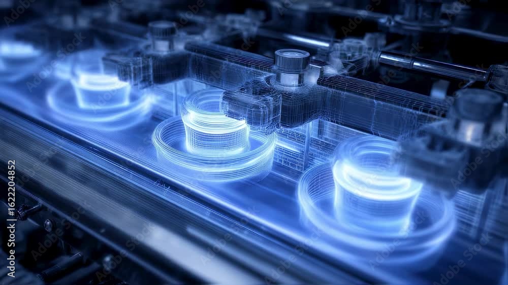 Poster futuristic holographic projection showcasing inner workings of automated industrial machinery operat