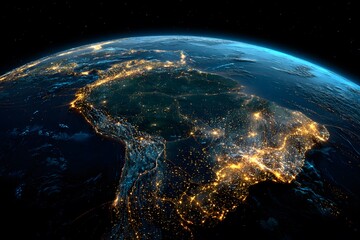 Obraz premium A highly detailed and realistic view of the Earth seen from space, with glowing lights representing global internet connections linking different parts of it