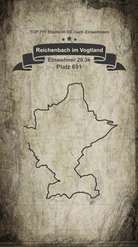 Reichenbach im Vogtland map vertical video - Biggest cities of Germany drawn on a cartography background