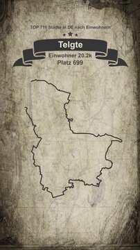 Telgte map vertical video - Biggest cities of Germany drawn on a cartography background