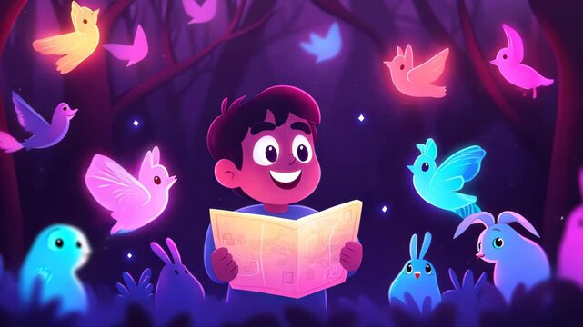 A delighted child stands in a magical forest, holding a map amidst colorful birds and playful rabbits, evoking joy and wonder in a whimsical night setting.