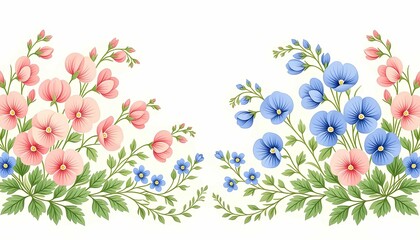 Floral illustration with pink and blue flowers, green leaves, decorative composition