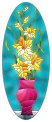 An illustration in stained glass style with bouquets of gladioli in a pink vase on table on a blue background, oval image