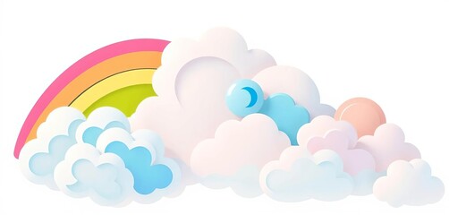 Fototapeta premium Whimsical cartoon clouds in rainbow hues, playful shapes on white, image, sky