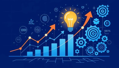 Growth chart with glowing bulb, innovation icons, and upward trend