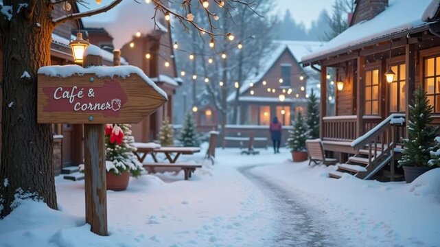 Rustic snowy village scene with charming cafe and cozy corner, fairy lights, and gingerbread houses perfect for winter holiday storytelling.