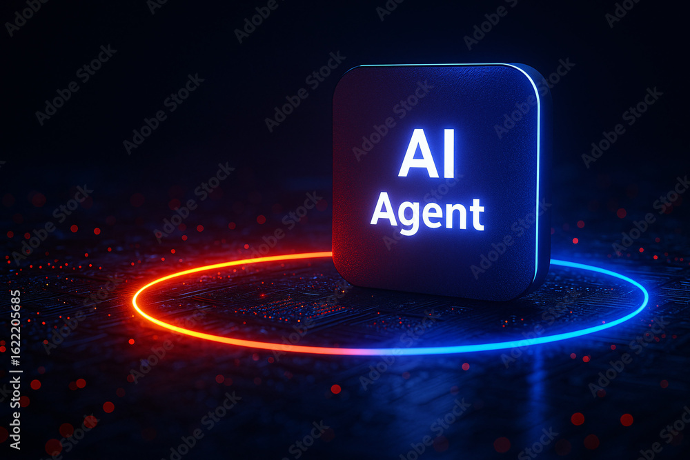 Poster ai agent - artificial intelligence concept. a glowing cpu chip on a futuristic digital background re