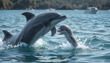 Fototapeta premium Adorable Newborn Dolphin Leaps Beside Mother in Sparkling Ocean Waters