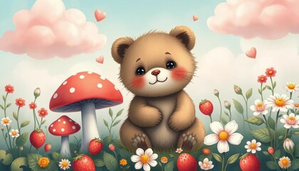 Whimsical pastel illustration of cute bear cat among mushrooms, strawberries, flowers & clouds, nature, wallpaper