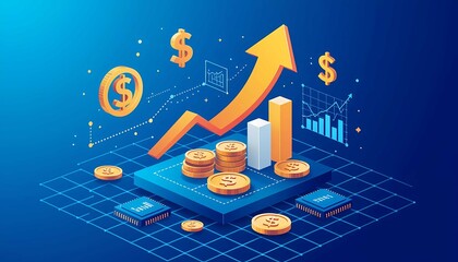 3D financial chart with upward arrow, coins, and dollar symbols