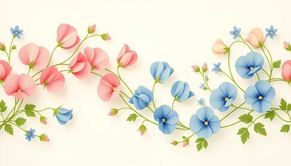 Floral illustration with pink and blue flowers, green leaves, decorative composition