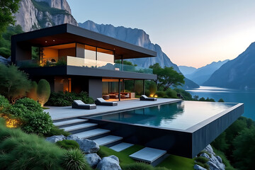 Fototapeta premium Modern House Exterior with Infinity Pool, Mountain Views, and Contemporary Architecture for Luxurious Living