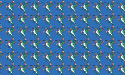 Hummingbirds and flowers pattern green pink.
