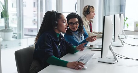 People, manager and talking with computer at call centre for help, guidance and customer service. Women, headset and pc with mentor feedback, telecom questions and coworking for procedure advisory - Powered by Adobe