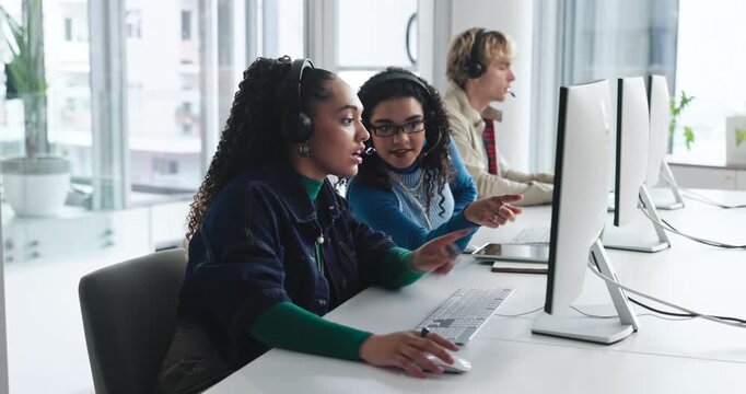 People, manager and talking with computer at call centre for help, guidance and customer service. Women, headset and pc with mentor feedback, telecom questions and coworking for procedure advisory