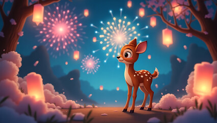 Fototapeta premium Young Deer Gazing at Fireworks Display Under Blossoming Trees