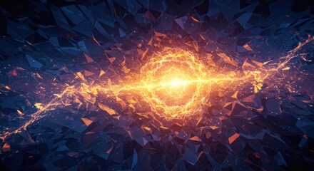 Futuristic Energy Burst with Bright Orange and Yellow Lightning in Dark Geometric Space Scene