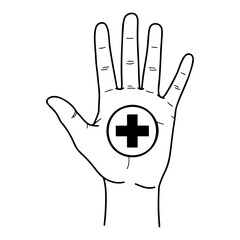 Illustration of a hand with a plus sign in a circle on the palm area