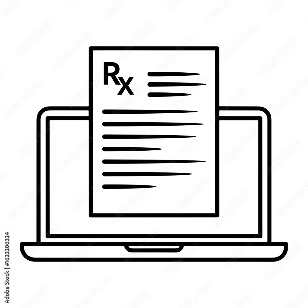 Poster laptop displaying a prescription document with rx symbol and text lines