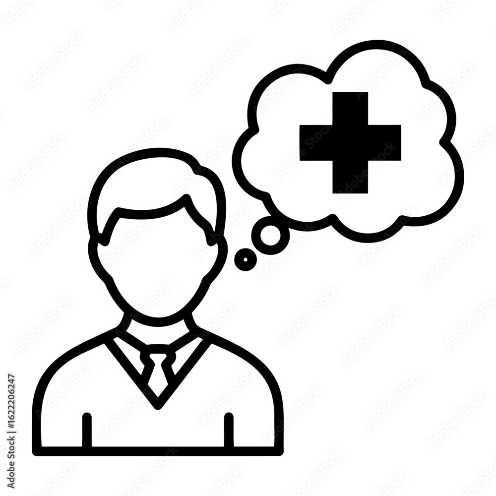 Poster man in outline with tie thinking about a plus sign in a thought bubble