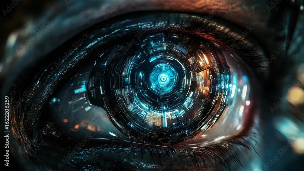 Poster futuristic bionic eye showing a complex mechanism of circuits and lenses