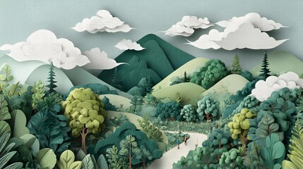 3D paper-cut style landscape featuring lush green mountains and dense forests, crafted with intricate layered paper textures. Above the mountains
